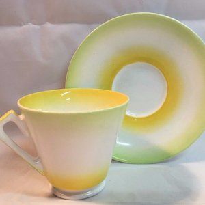 Victoria Fine Bone China England Teacup Saucer Yellow Green